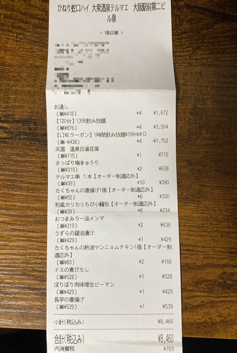 2026/08/15　今回もLINEクーポンを使用し2時間飲み放題438円、1人2115円で大満足